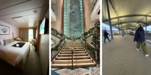 three images of the first time on a cruuise, an ornate staircase, the bedroom and the walkway