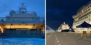 images of the cruise ahip bar exterior, with glowing lights in the early evening