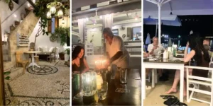three photos of a birthday dinner at the beach
