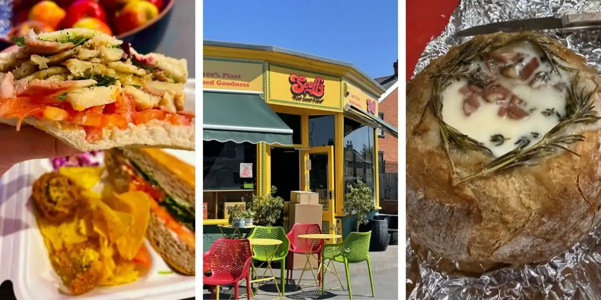 3 images of a bright coloured cafe front