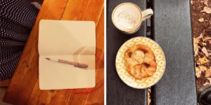 a journal on a table and a pastry and hot chocolate on another table autumnal equinox rituals