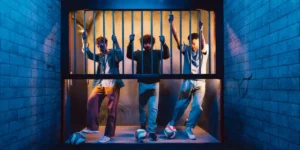 three men standing behind bars in an escape room setting