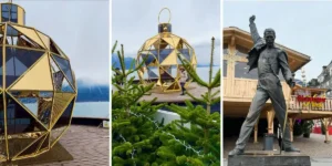 freddie mercury statue and a giant chritmas bauble