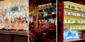 three photos of christmas market stalls