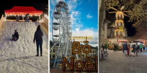 three images of christmas fun at the bo noel market