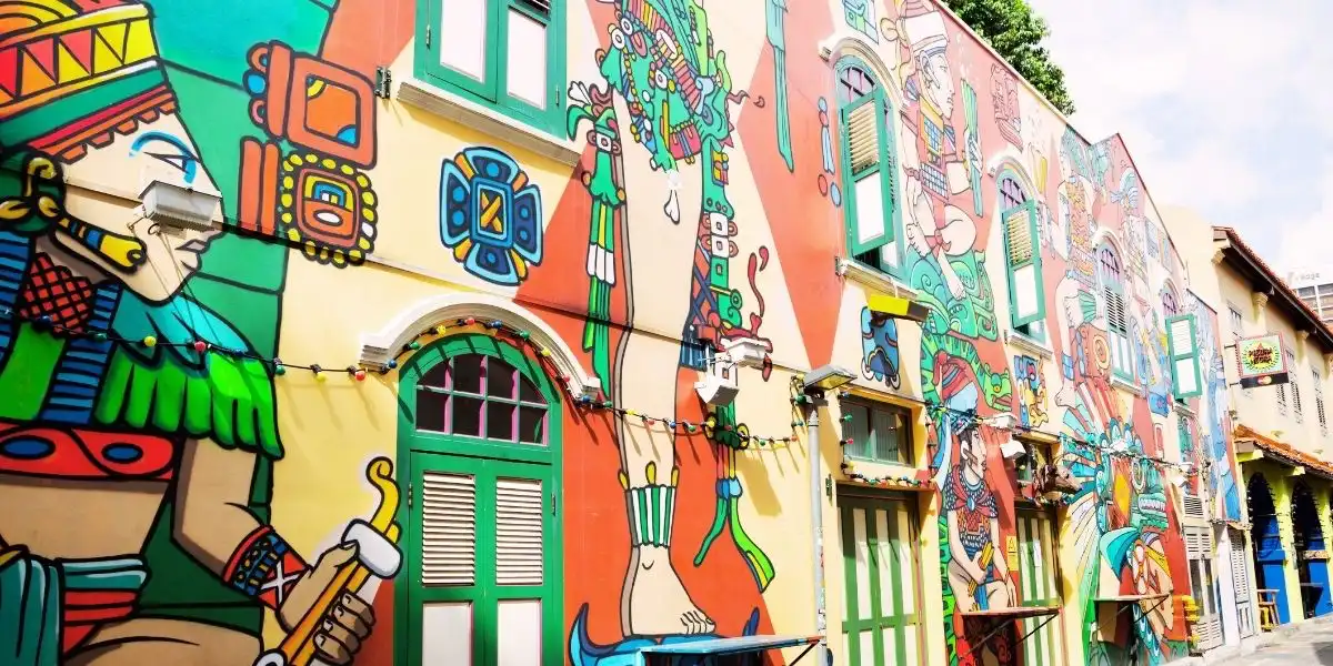 Graffiti on the walls of old buildings Haji Lane. Haji Lane is the Kampong Glam (Arab Quarter) neighbourhood famous for its cafes, restaurants and shops Hiddem gems in singapore