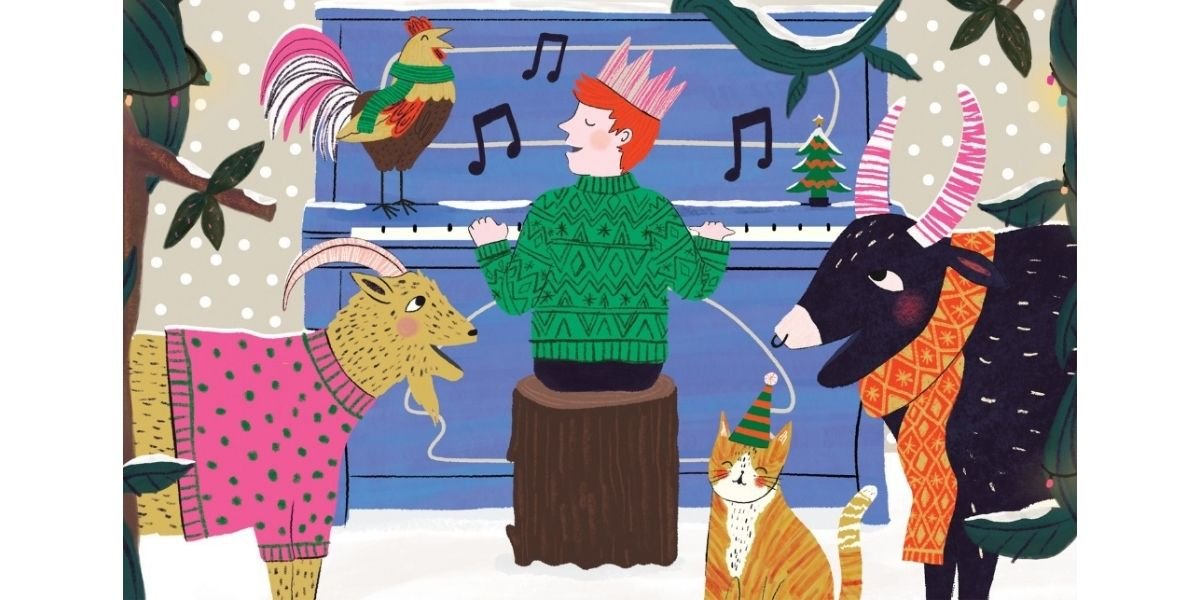 cartoon image of a boy at the piano with a christmas cracker crown - preset for Jack