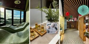 3 photos of the insode of a spa with a pool and some relaxing beds