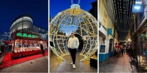 3 photos of christmas lights in an outdoor setting