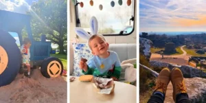 3 pphotos showning a small child enjoying the joy of camping and playing in the great outdoors