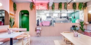 brunch in york, the interior of Rise, pink benches and tables