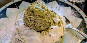 a creamy dessert on a colourful plate