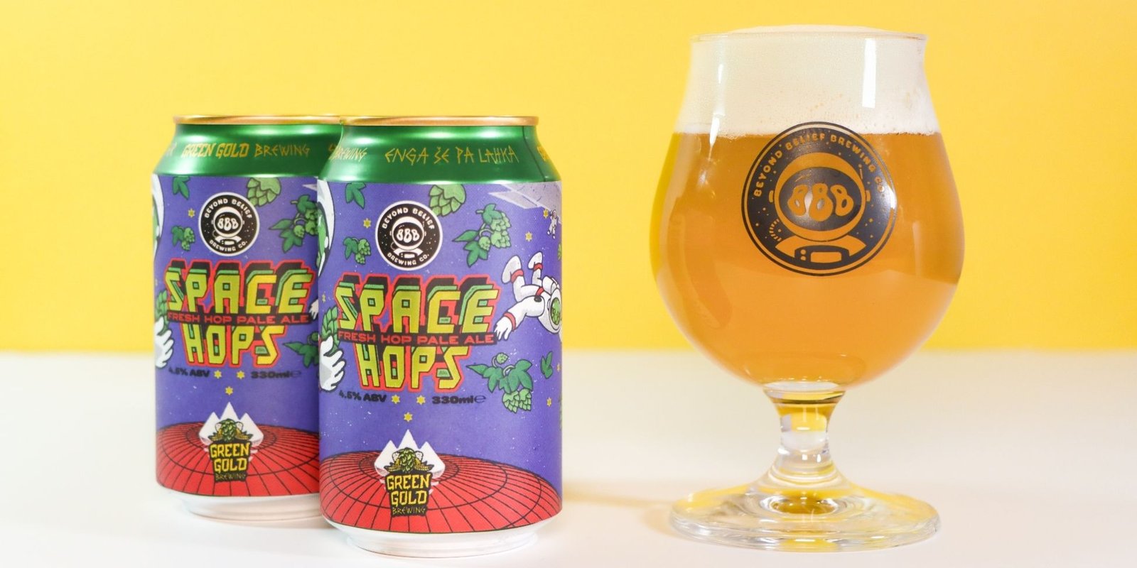 Space hops with 2 cans and a glass by beyond belief brewing