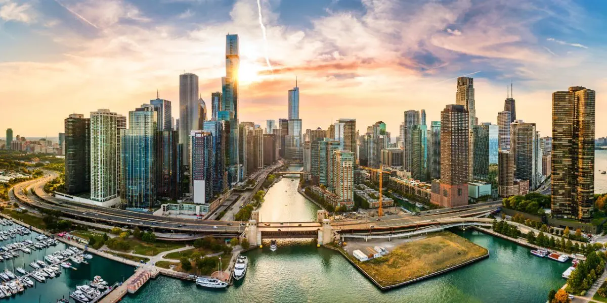 Chicago, Illinois skyline at sunset as viewed from above the Navy Pier