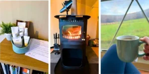 glamping in the brecon beacons roaring fire in a glamping pod