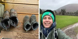 glamping in the brecon beacons muddy boots outside a glamping pod