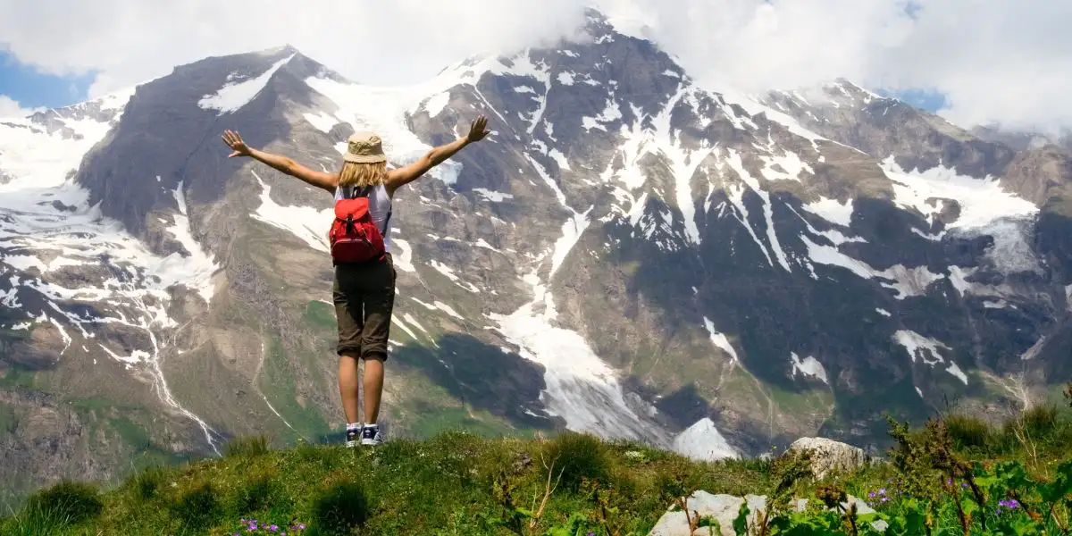 People in Mountains Victory, Tourist Hiking Backpacker Climbing, Tourism Concept