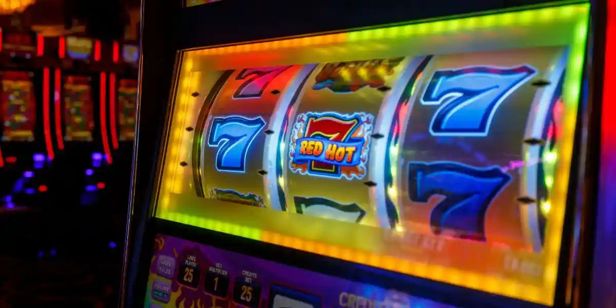 close up of a slot machine with lucky 7 highlighted