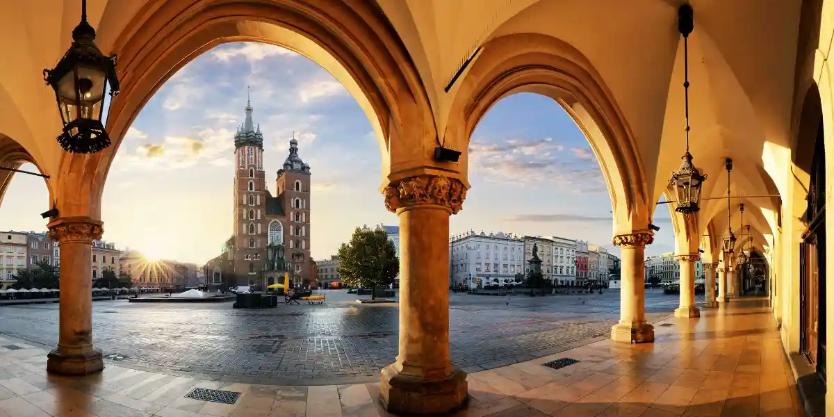 A view of Kracow from under some arches