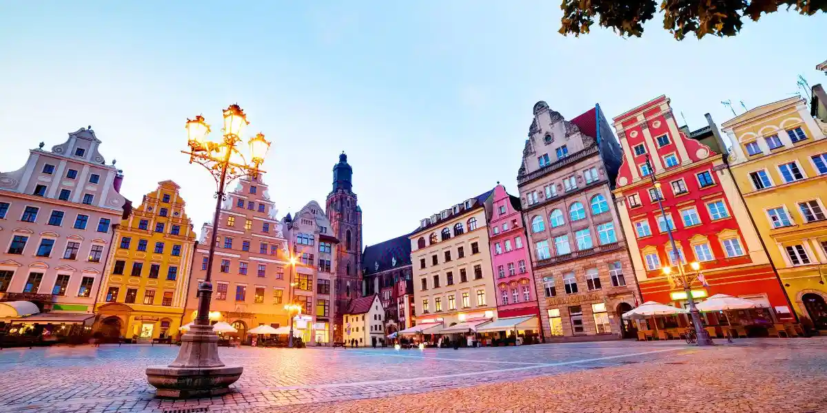 Wroclaw, Poland. The market square with colorful historical buildings at the evening. Silesia region.