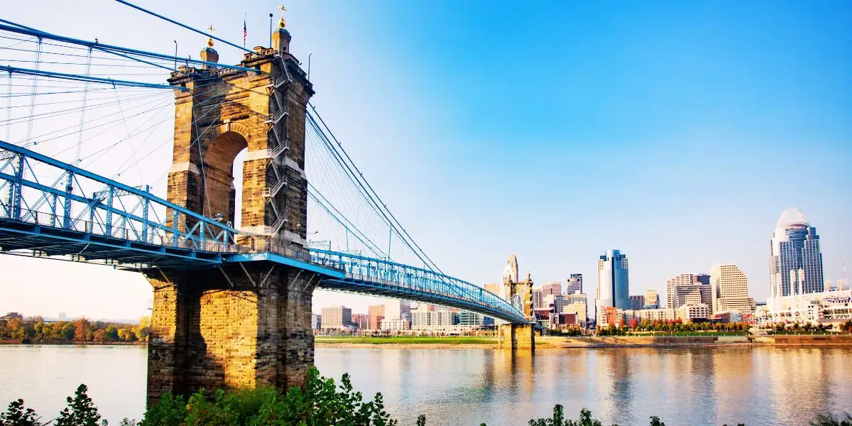 Roebling Bridge and Cincinnati Skyline sunny day in Cincy