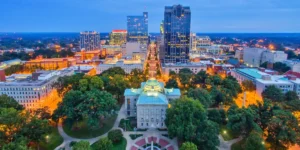 The skyline of raleigh at dusk
