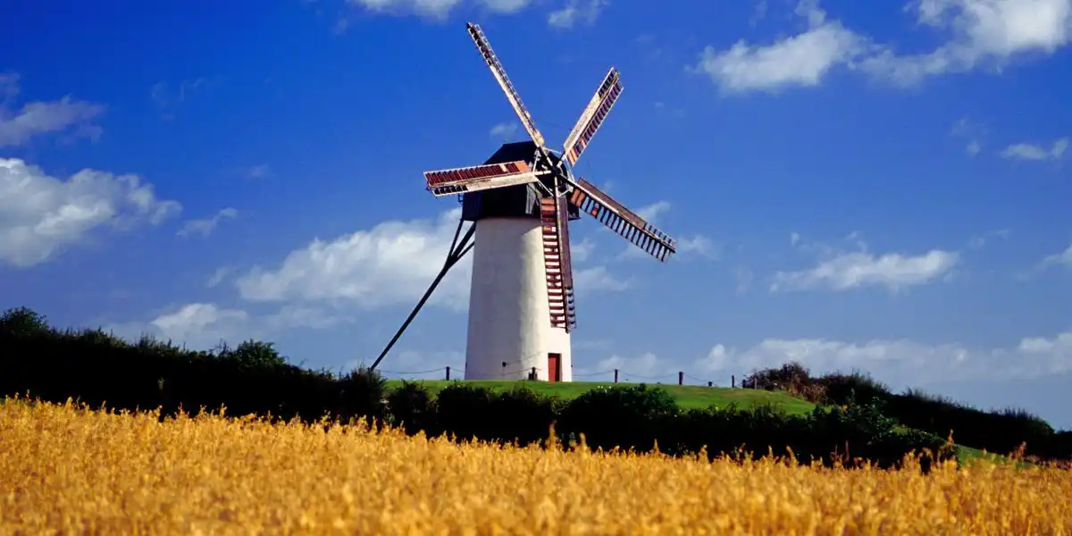 Skerries Windmills 1. Lone windmill with a foreground of harvest grain in Skerries, Ireland