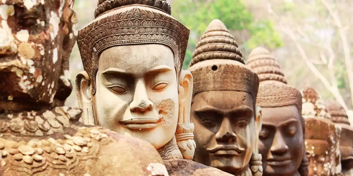 Angkor Thom, Cambodia. Angels and devils heads at Angkor Thom, Angkor Wat site, Cambodia, southeast asia