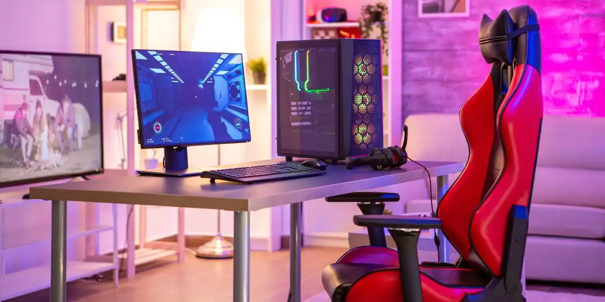 Empty room with a pc for online gaming and gaming chair.