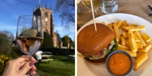 2 pictures together of a church and a burger