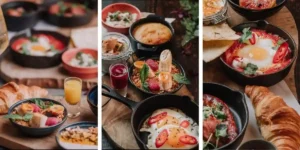 3 photos of breakfast food, eggs pastries etc on a table with cocktails in york