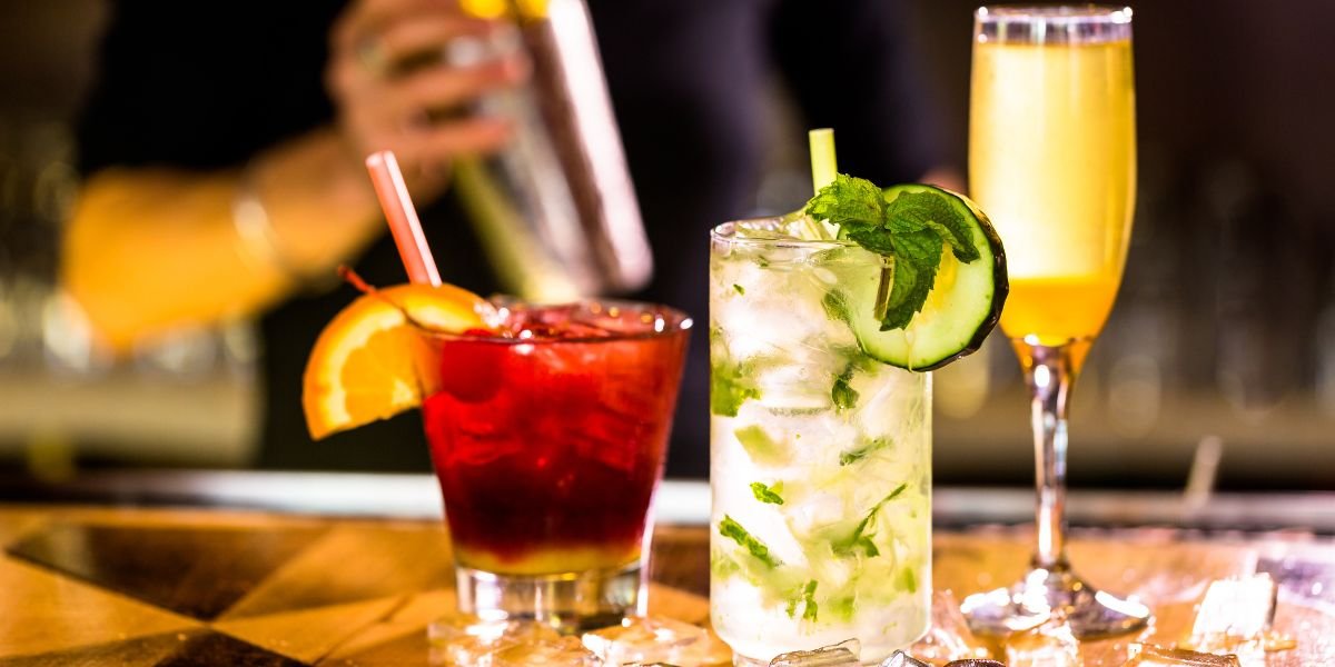 bottomless brunch in york cocktails lined up on a bar