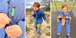 three images of a young boy playing in a park