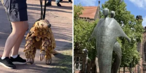 an image of a puppet pangolin and a statue
