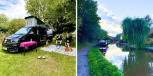 2 images of a campsite and a barge on a canal