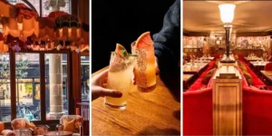 3 images of the inside of cosy club york. cocktails glasses and elegant decor