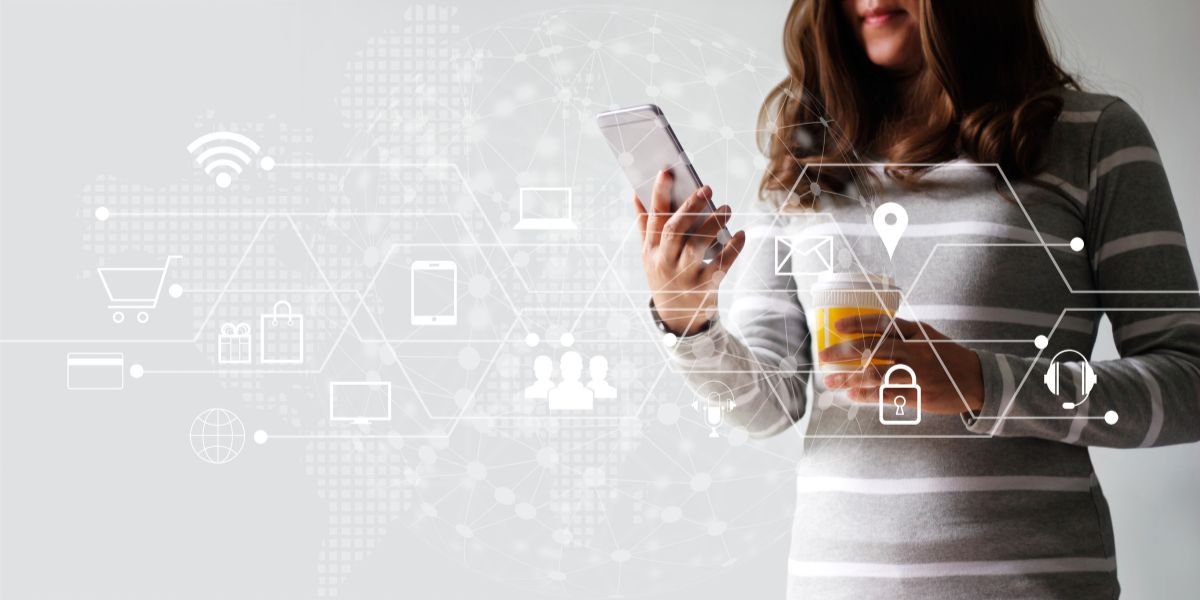 Woman using mobile payments online customer network connection. Digital concept