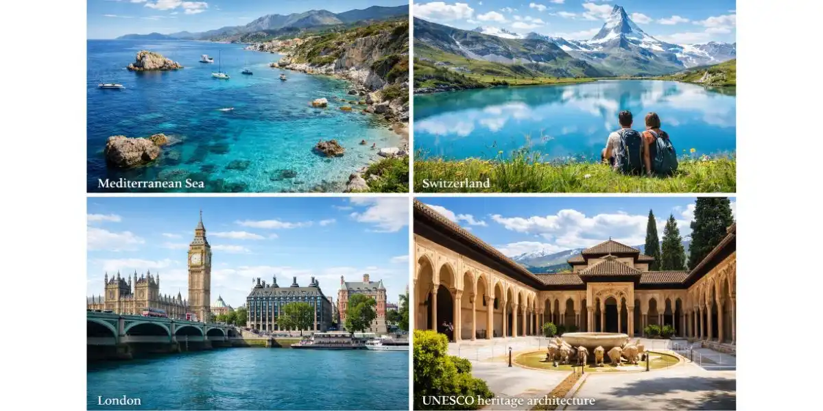 summer travel in Europe - a composite image of different european cities