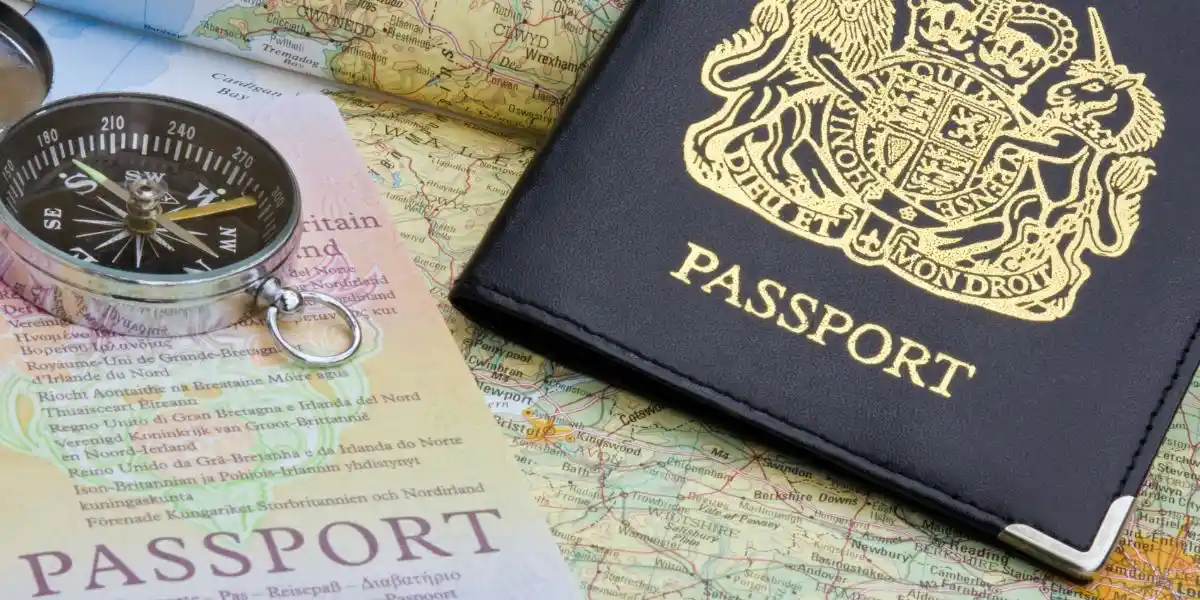 British passport and map. United Kingdom passport and map travel concept