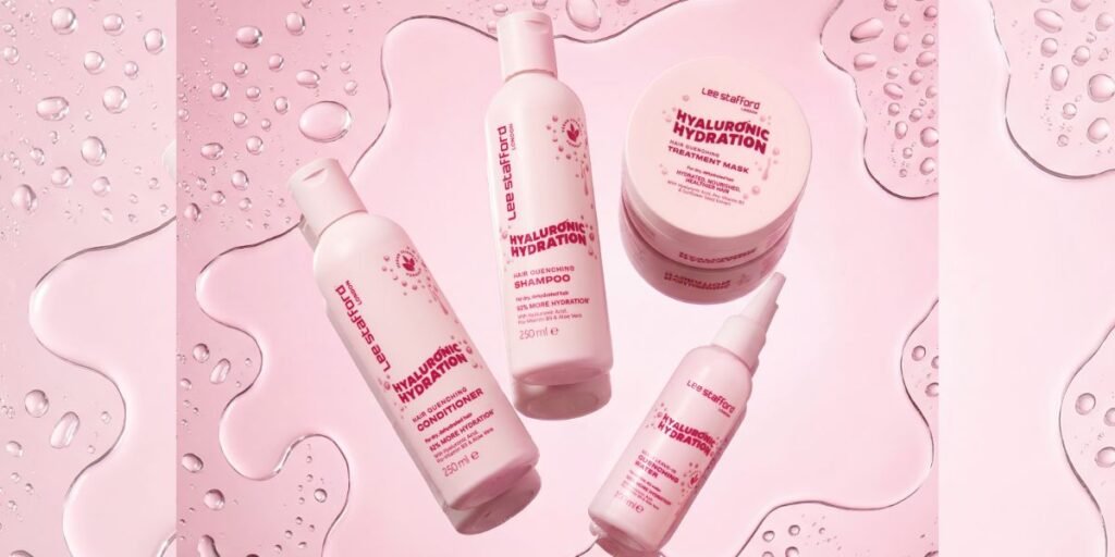 pink products on a water droplet background