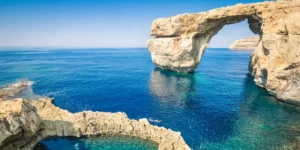 Famous natural arch Azure Window in the sea in Gozo, Malta