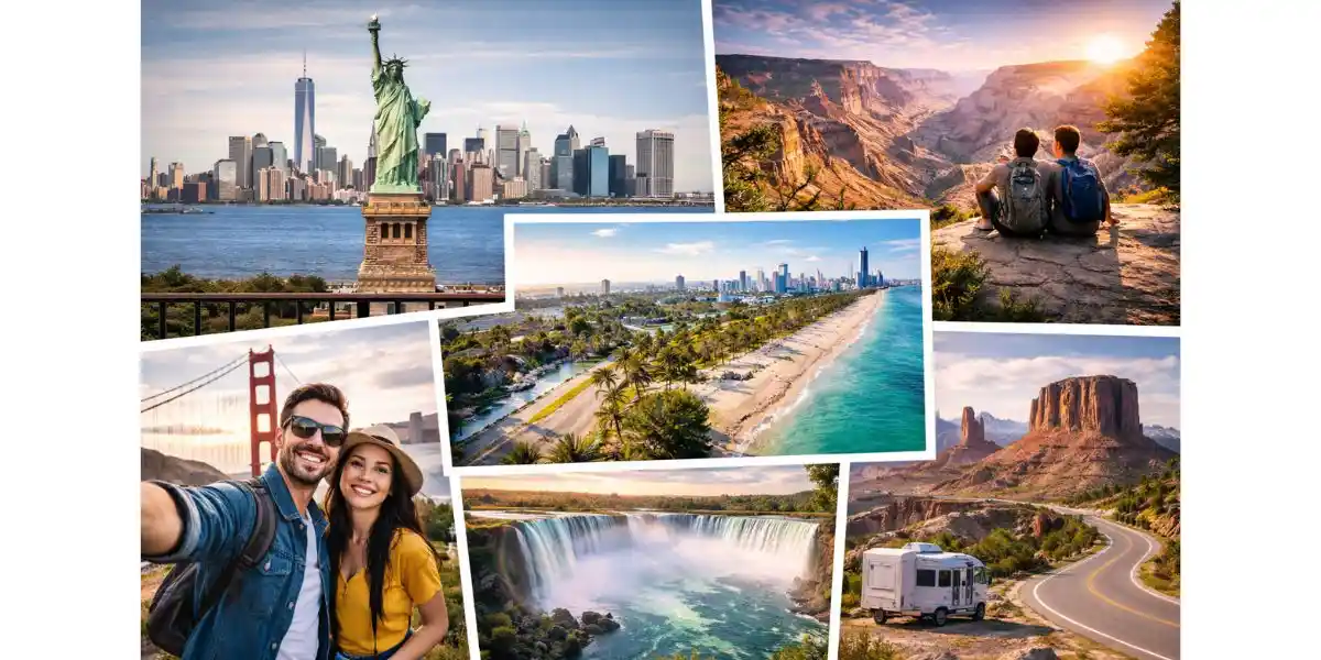 traveling to North America composite postcard of small images of north america