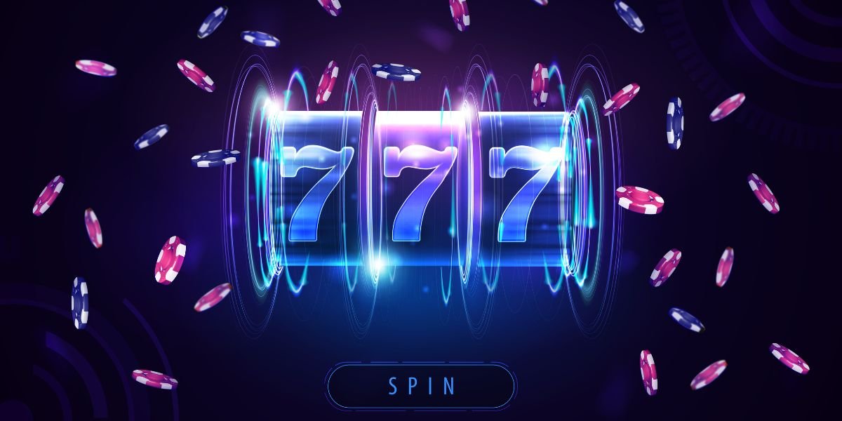 Neon Casino slot machine with jackpot and poker chips in hologram style