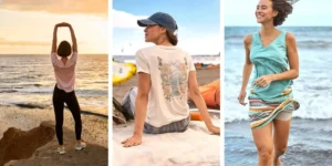 composite of 3 images of a woman wearing cute clothes in a camping and beach environment