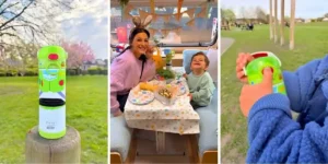 3 pictures of mum and small child happy at easter with a buzz lightyear thermos flask