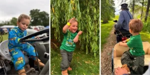 3 photos of a young boy enjoying the outdoors and a toy tractor
