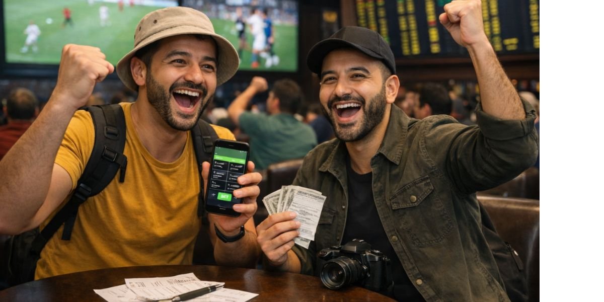 two men celebrating in a sports pub