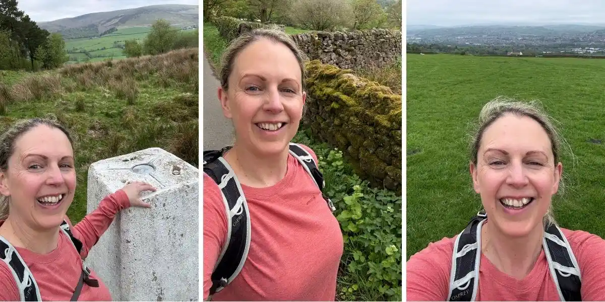 3 images of a woman wearing an artilect performance tee while out and about on the fells