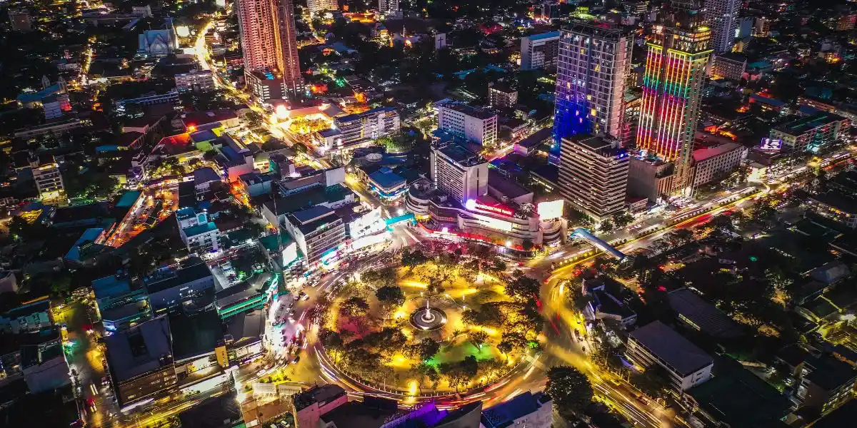 Night view of Fuente Circle Cebu Philippines. City lights Fuente Osmeña Cebu a wonderful night photo and top view.