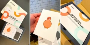various images of the chipolo LOOP and card and packaging